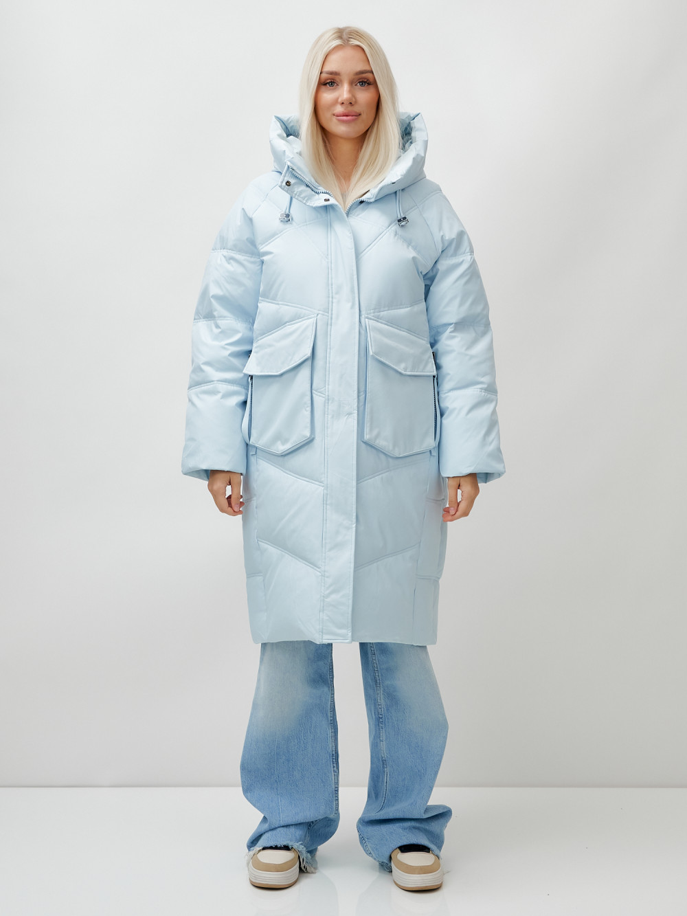 Пальто летучая мышь женское с капюшоном зимнее голубого цвета 9618Gl