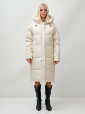 Пальто летучая мышь женское с капюшоном зимнее бежевого цвета 9619B