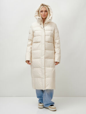 Пальто утепленное стеганное зимнее с капюшоном женское бежевого цвета 9620B