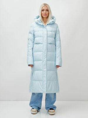 Пальто утепленное стеганное зимнее с капюшоном женское голубого цвета 9620Gl