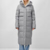Пальто утепленное стеганное зимнее с капюшоном женское серого цвета 9620Sr