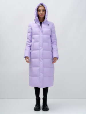 Пальто утепленное стеганное зимнее с капюшоном женское фиолетового цвета 9627F
