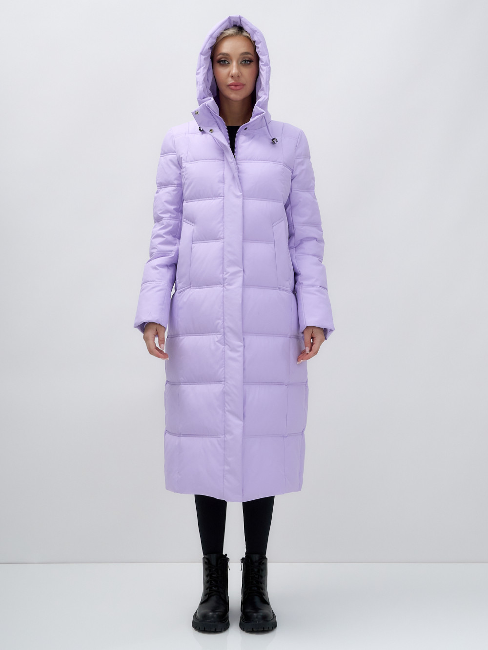 Пальто утепленное стеганное зимнее с капюшоном женское фиолетового цвета 9627F
