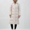 Пальто утепленное стеганное зимнее с капюшоном женское бежевого цвета 9628B