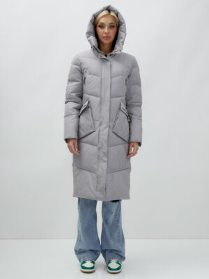 Пальто утепленное стеганное зимнее с капюшоном женское серого цвета 9639Sr